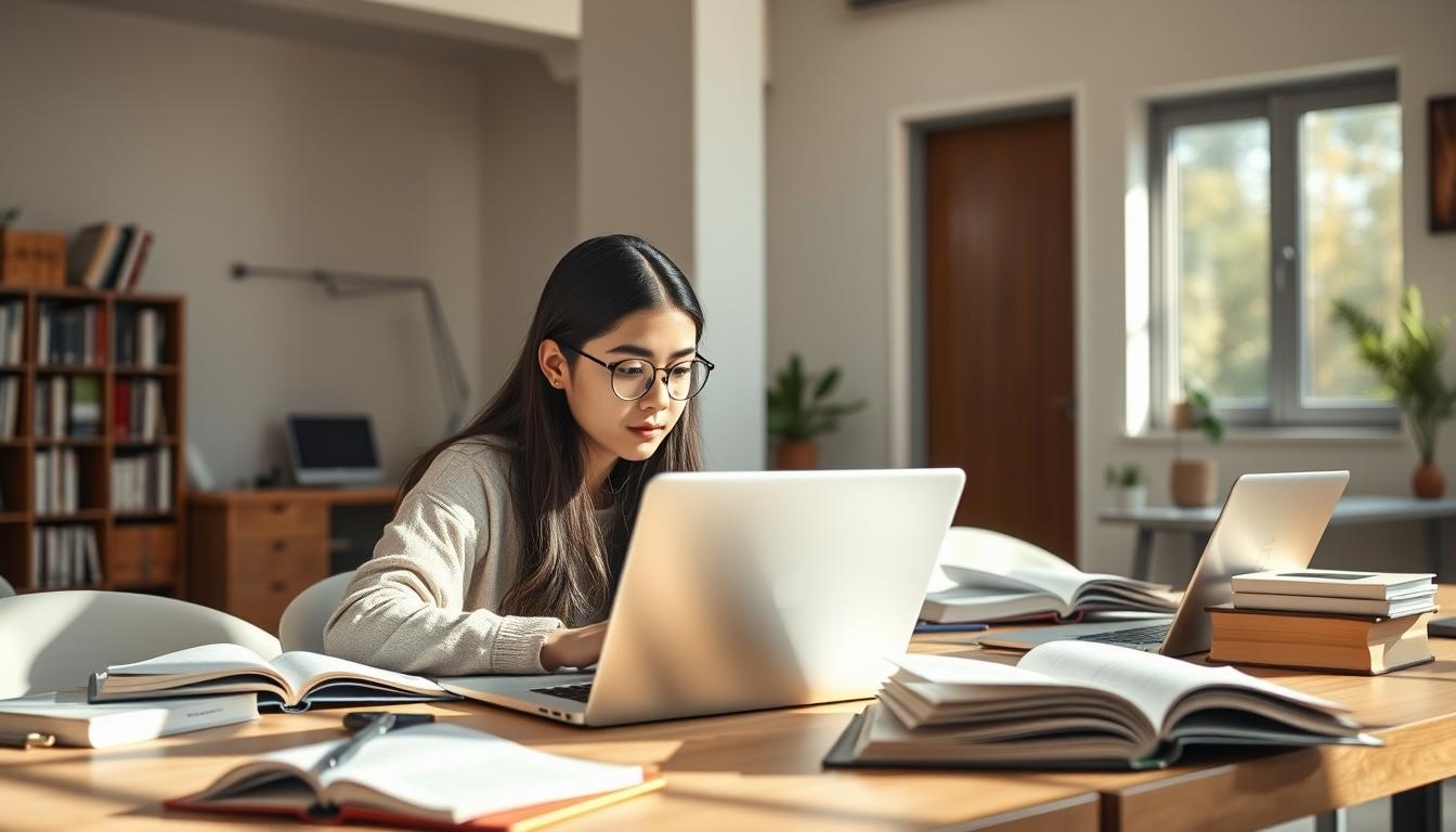 Student using a study guide to organize academic notes